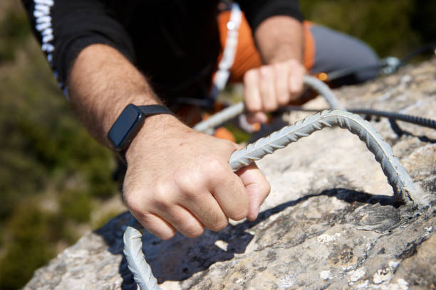 Climbing a ferrata route in Calcena, Zaragoza province, Aragon in Spain