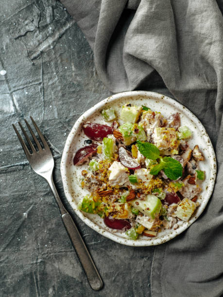 istock Waldorf salad on gray, copy space, top view 1663687189