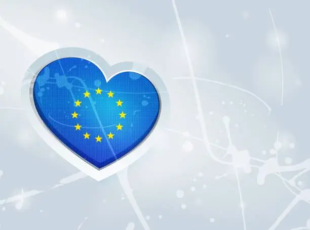 Vector illustration of EU Flag in the form of a 3D heart and abstract paint spots background