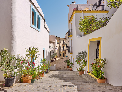 Wide-angle view of a scenic alley located in Dalt Vila, the old town centre of Eivissa. A perfectly clear sky, the dazzling bright light of a Mediterranean summer morning, houses built in the typical white lime style of the island, colourful framings, ceramics and pottery overflowing with lush plants and flowers. High level of detail, natural rendition, realistic feel. Developed from RAW.