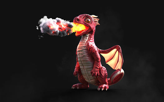 3d illustration of a red fantasy dragon posing isolated on black background with clipping path.