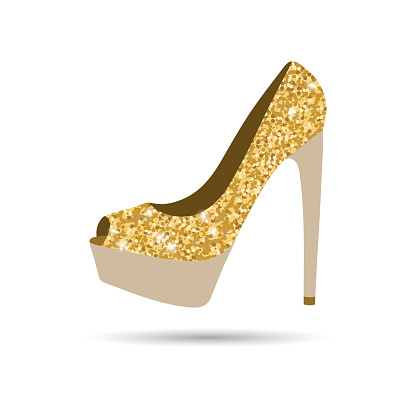 Retro women's high heel shoes with gold sequins. Clothes and accessories. Illustration. Vector