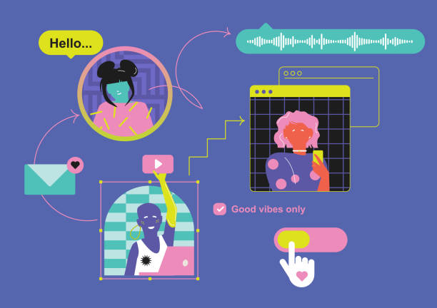 istock Game aesthetic. Composition with dream team and trendy stickers Y2k. Digital fashion girls. Communication in messengers and social networks. New generation. Flat design. IT. Modern colors, zine 1663704270