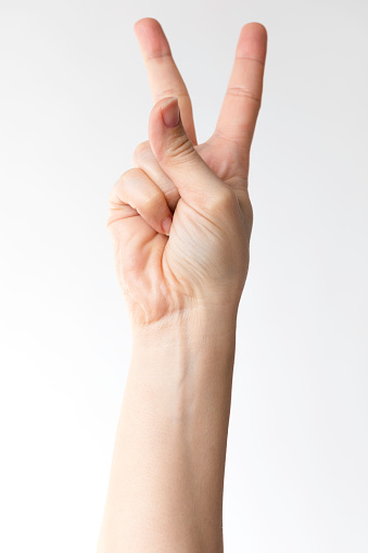 Peace - Victory hand gesture in front of white background