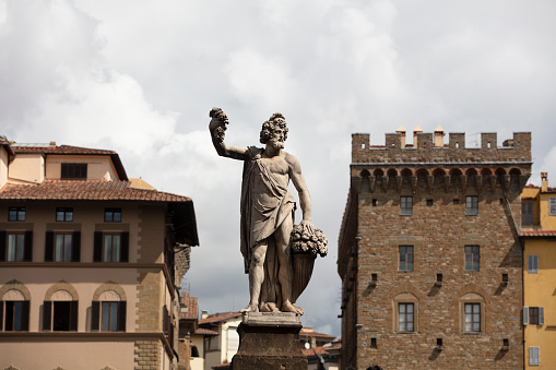 Italy, Rome (fori imperiali): statue of Gaius Julius Caesar (13 July 100 BC – 15 March 44 BC), was a Roman military and political leader. He played a crucial role in the transformation of the Roman Republic into the Roman Empire.