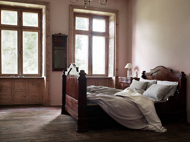 Old bedroom made of hardwood. stock photo