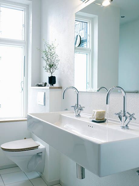 Washbasin with two faucets next to toilet stock photo