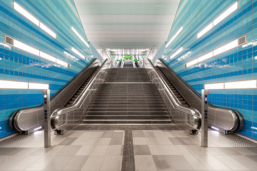 Germany, Hamburg, August, 17, 2023 - Modern staircase at Hamburg Hafencity Überseequartier