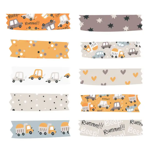 Vector illustration of Washi tapes collection with cute cars.