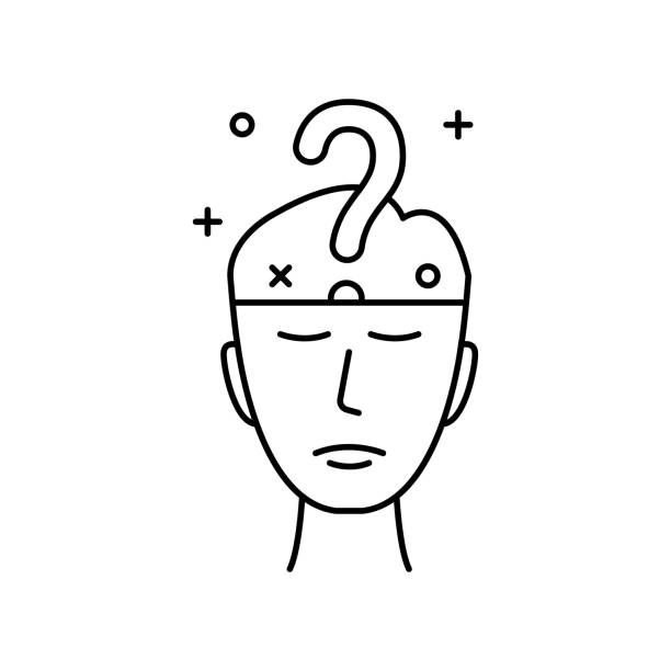 thin line sad face with question mark inside. flat linear trend modern hr planning logotype stroke design web element isolated on white. concept of recruitment sign for business or amnesia therapy thin line sad face with question mark inside. flat linear trend modern hr planning logotype stroke design web element isolated on white. concept of recruitment sign for business or amnesia therapy anonymous interview stock illustrations