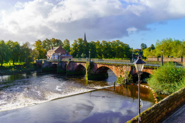 Old Dee Bridge, over the river Dee, in Chester stock photo