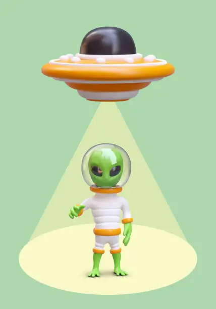 Vector illustration of 3D flying saucer, alien extends his hand. Flying disc with transport humanoid beam