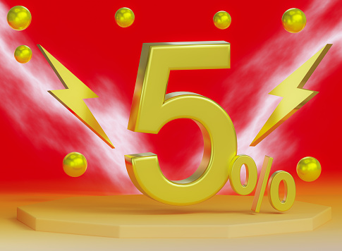 gold five percent on a pink background. 3d render illustration