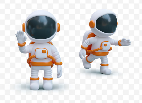 3D astronaut in space suit. Character in different poses. Cosmonaut is coming, saying hello. Sign language. Isolated illustrations for application, site, game. Space theme