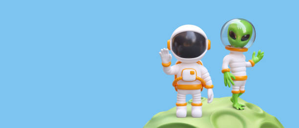 istock Astronaut and alien in spacesuits are standing on asteroid. Contact with green humanoid 1663766481