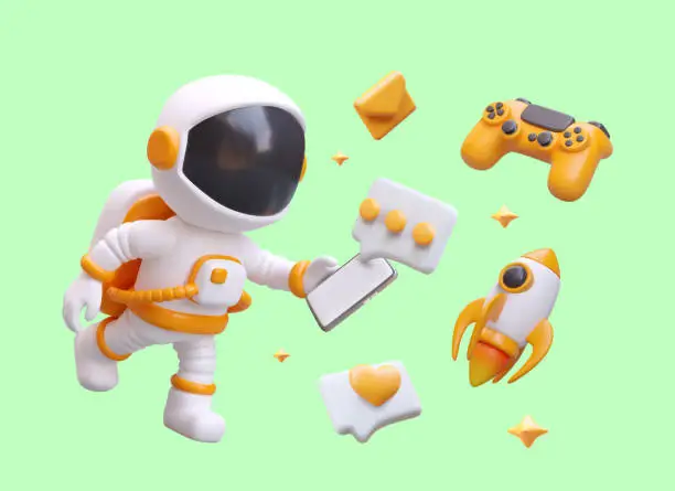 Vector illustration of Concept of phone applications. 3D astronaut communicates in messenger from smartphone