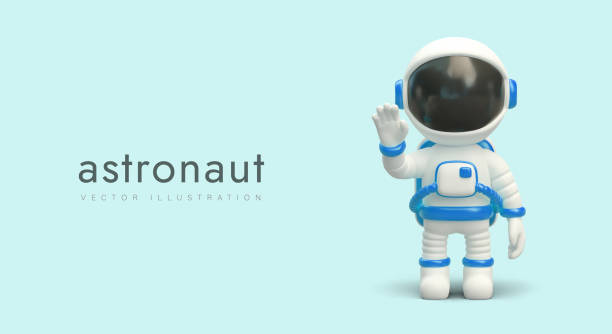 istock 3D cosmonaut. Human in spacesuit with opaque helmet. Greeting gesture 1663770923