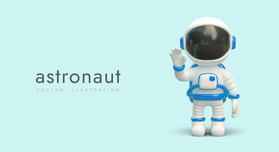 3D cosmonaut. Human in spacesuit with opaque helmet. Greeting gesture. Contact of civilizations. National Astronaut Day. Color vector banner for web design