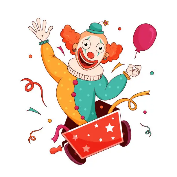 Vector illustration of A cartoon clown jumping out of a box on wheels with a balloon in his hands and confetti