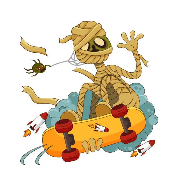 Vector illustration of Cartoon mummy monster character rides a skateboard, waving. Halloween costume vector isolated on white.