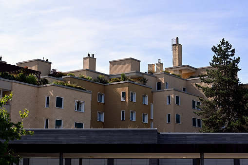 Block of flats with trees growing on the roof terraces captured in low angle view.