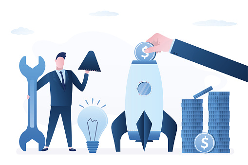 Founder launch startup. Businessman holds wrench and part of rocket. Fundraising, venture capital, investment. Development of successful business project. Investor hand insert money in startup. vector