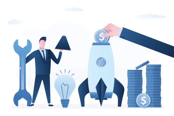 Vector illustration of Founder launch startup. Businessman holds wrench and part of rocket. Fundraising, venture capital, investment. Development of successful business project. Investor hand insert money in startup.