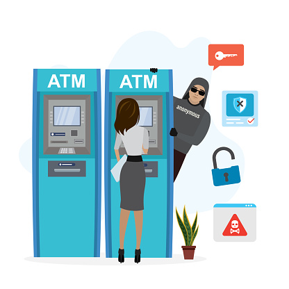 Scam, hacker stealing passwords and credit cards data. Crime on automatic teller machine. Female customer uses ATM to pay and withdraw cash. Criminal hiding behind ATM machine. vector illustration