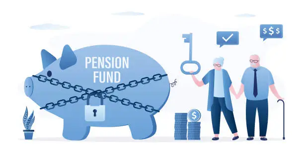 Vector illustration of Happy elderly couple standing near piggy bank. Retirement savings are securely protected, bank is in chains and with padlock, grandparents hold key. Pension fund, bank deposit.