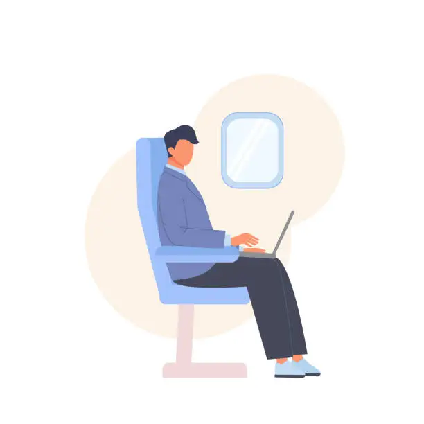 Vector illustration of Business man work at laptop sitting in airplane chair. Passenger tourist with computer. Travel by plane