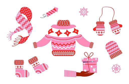 Set of winter clothes. Sweater, socks, scarf and gloves. Vector illustration of winter clothes elements in flat style.
