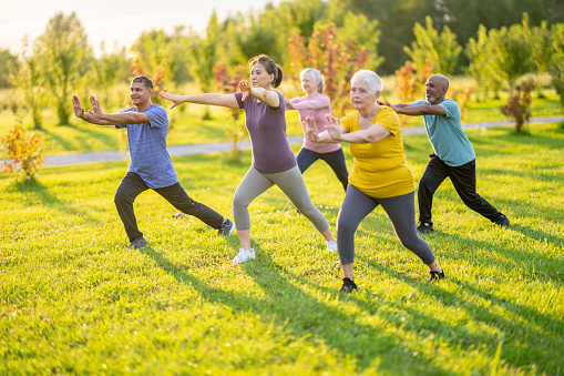 A small group of mature adults practice Tai Chi outdoors together on a warm summer day.  They are each dressed comfortably and are smiling as they take in the fresh air.