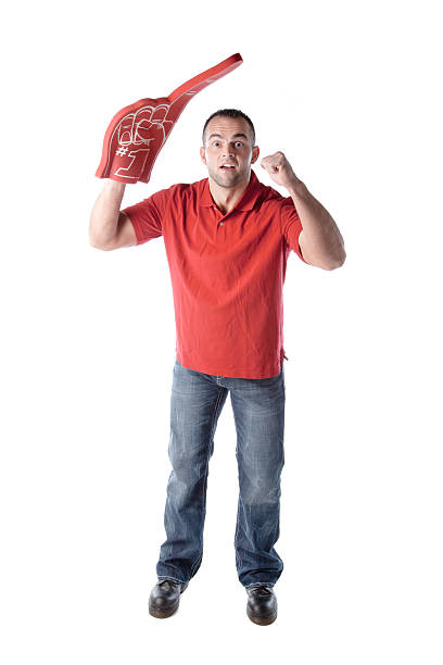 istock Sports Fans: Caucasian Man Number One Cheering Team Color Red 166382393