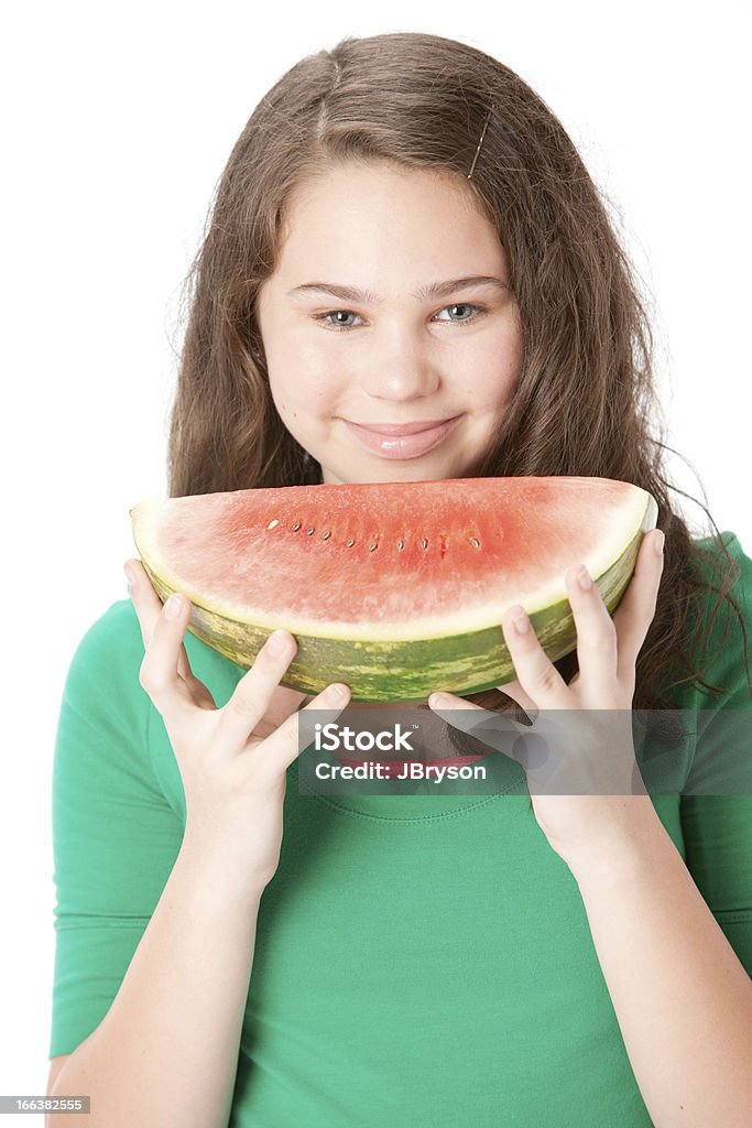 Gesunde Ernährung: Europäischer Abstammung Teenager-Mädchen hält Wassermelone Obst Kopf und Schultern - Lizenzfrei 12-13 Jahre Stock-Foto