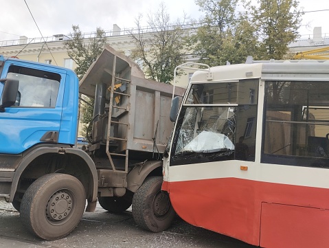 traffic accident of city tram and truck