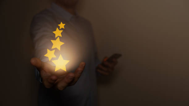 istock Customer evaluation feedback. men in suit Giving Positive Review for Client's Satisfaction Surveys. giving a five star rating. Service rating, satisfaction concept. 1663833698