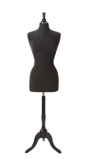 A feminine human form dressmaking mannequin used for sewing or display of fashions.