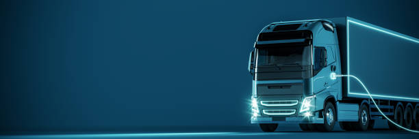 Blue electric truck connected to charger on blue background with copy space. Blue electric truck connected to charger on blue background with copy space. 3D Rendering, 3D Illustration light commercial vehicle stock pictures, royalty-free photos & images