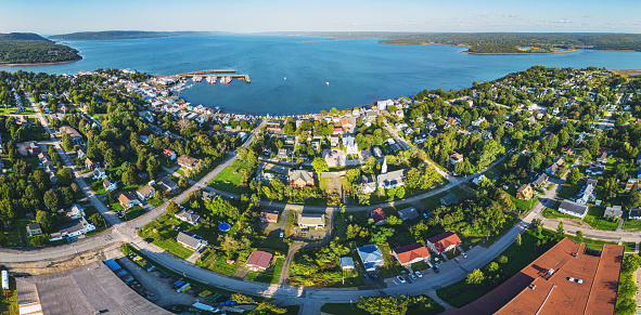 Aerial drone view of Digby, Nova Scotia, scallop capital of the world.