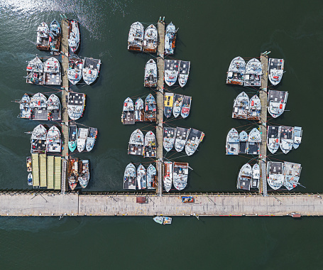 Aerial drone view of the Digby wharf, scallop fishing capital of the world.