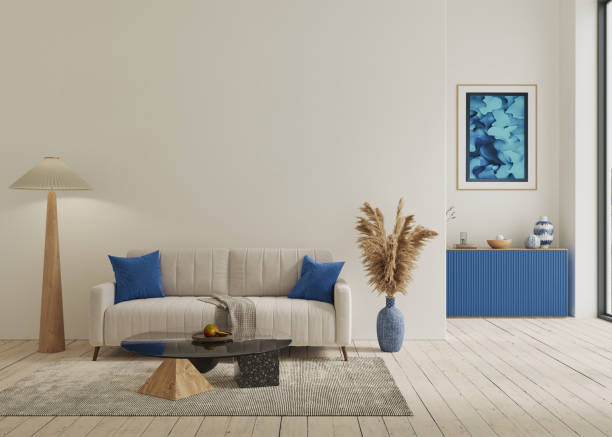 istock Modern mock up interior design of cozy living room with blue decorative elements, 3d rendering 1663878831