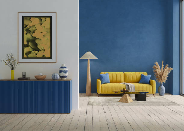 istock Modern mock up interior design of cozy living room with blue decorative elements, 3d rendering 1663878840