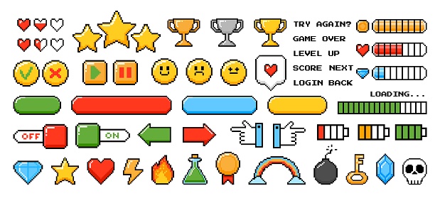 Pixel game elements. Graphic 8bits arcade games button, bars and symbols. Game levels, menu and icon. Digital pixels heart, start, trophy, bomb and crown. Vector set. Pause, play and loading