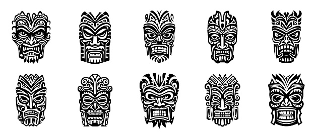 Ethnic masks. Tiki totem, voodoo african tribal head. Zulu traditional god, hawaiian indigenous vintage tattoo ritual polynesian face black vector set. Tribal ceremonial idol, mythology