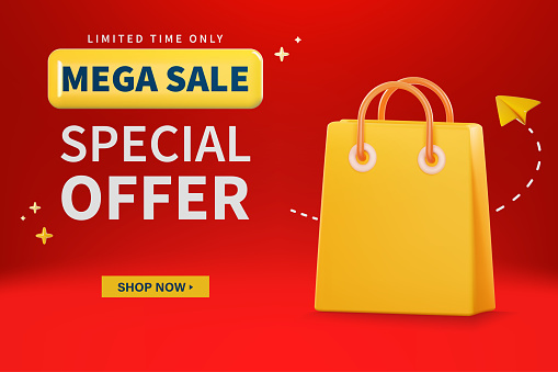 3D Style paper bag on white background, Mega sale banner  are available for use on online shopping websites or in social media advertising.