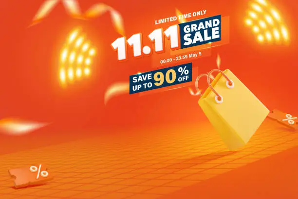 Vector illustration of 11.11 Grand sale banner with 3D Style vector shopping bag  are available for use on online shopping websites or in social media advertising.