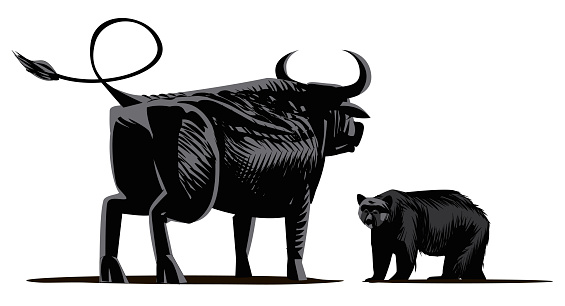 Vector Bull and Bear Facing Each other in Perspective as Silhouette