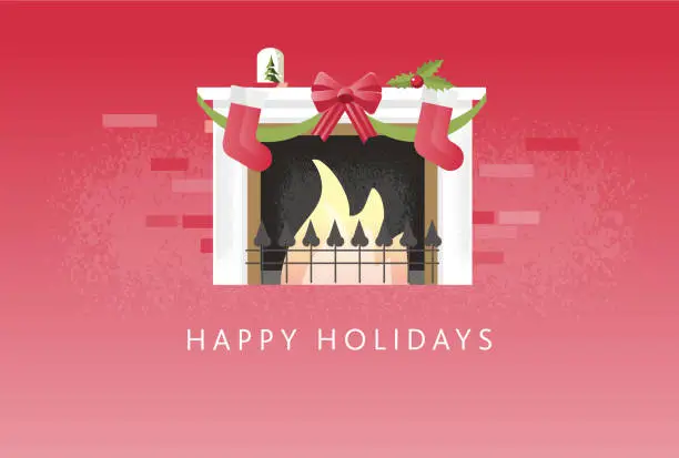 Vector illustration of Happy Holidays greeting fireplace or mantle with Christmas decorations