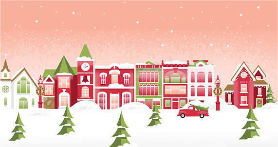 Vector illustration of a small town community with festive Decorations, falling snow, trees and red pick up truck. Features Victorian home, Victorian house, church, downtown clock tower, downtown shops. Fully editable for easy editing. Includes vector eps and high resolution jpg in download.