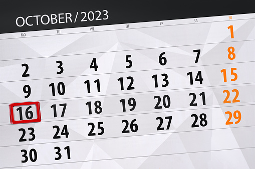 Calendar 2023, deadline, day, month, page, organizer, date, October, monday, number 16.